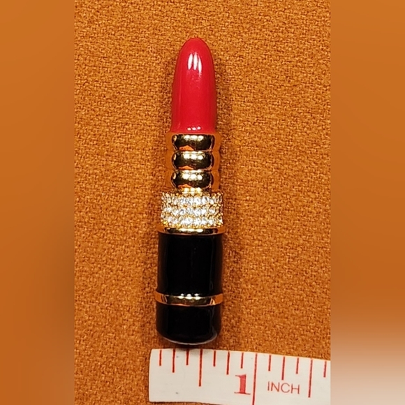 Vtg KENNETH J LANE Glossy RED "KJL" Lipstick Pin Gold Enamel Rhinestones Brooch - Picture 11 of 12